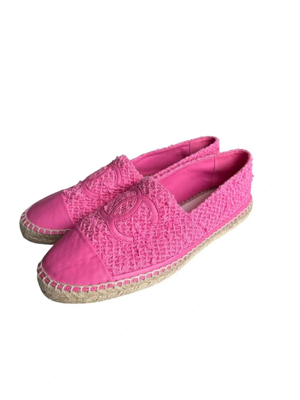 🆕 CHANEL CC Interlocking Tweed Pink Espadrille Flats